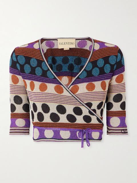 Cropped ribbed metallic jacquard-knit wrap cardigan Beige