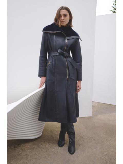 Reversible Shearling & Leather High Collar Maxi Coat