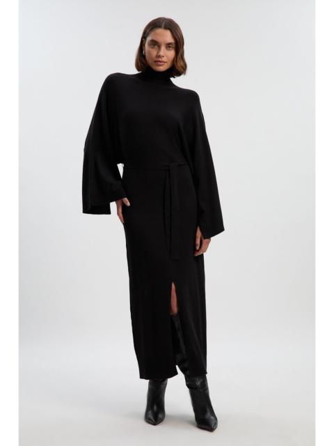 Viscose Blend Funnel Neck Belted Knitted Midi Dress