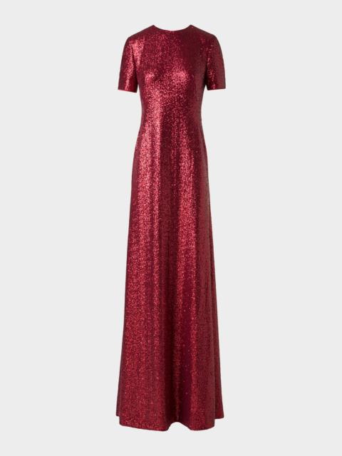 Short-Sleeve Stretch Paillette Jersey Gown