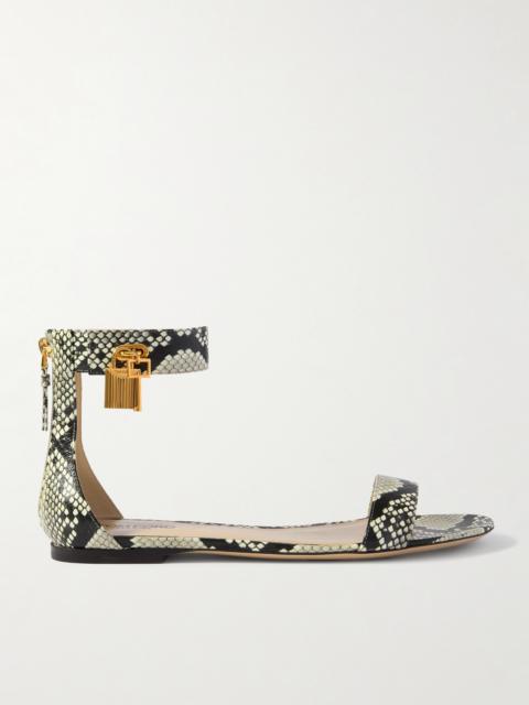 Embellished Snake-effect Leather Sandals