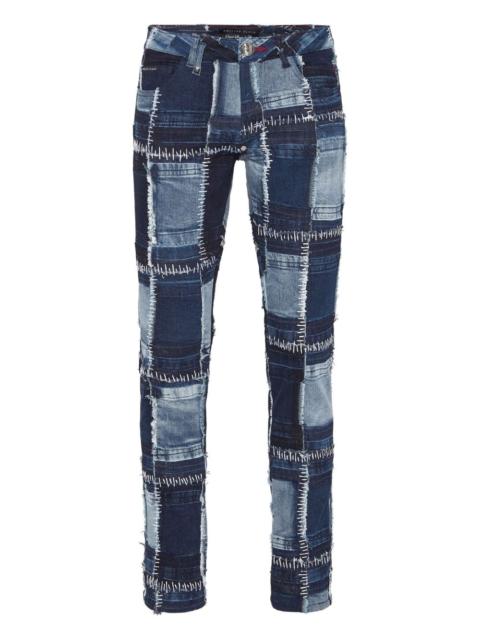 patchwork topstitching denim jeans