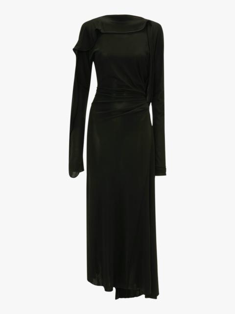 Long Sleeve Draped Jersey Midi Dress In Black