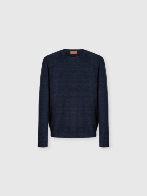 Crew-neck wool and cotton pullover with tone-on-tone zigzag pattern