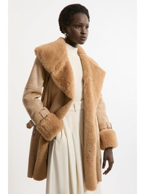 Faux Shearling Collar & Cuff Belted Short Coat