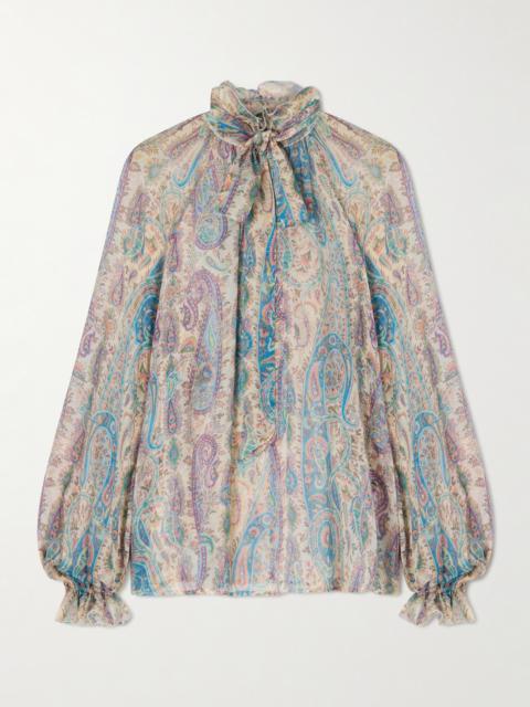 Pussy-bow Ruffled Paisley-print Silk-crepon Blouse