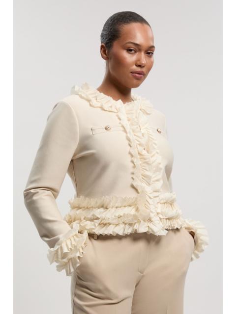 Plus Size Figure Form Bandage Knit Jacket With Woven Ruffle Trim