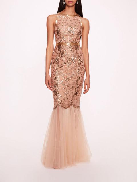 SEQUIN LATTICE STRAPLESS GOWN