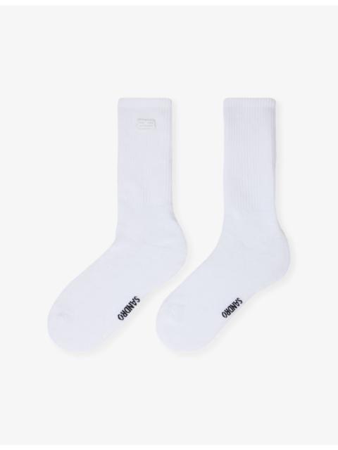 Embroidered Logo-Patch Ribbed Stretch-Cotton Socks