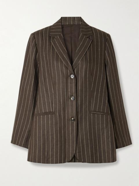 Leon pinstriped linen-twill blazer Dark brown