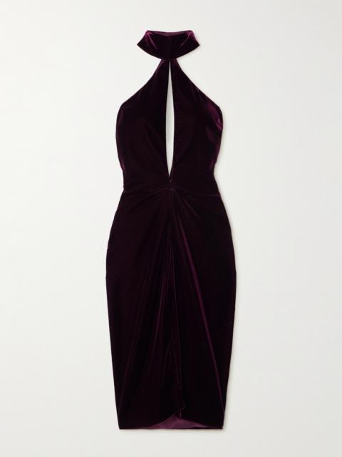Cutout Draped Velvet Halterneck Midi Dress