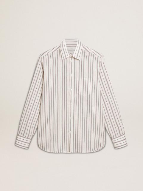 Men's white cotton shirt with fine burgundy stripes