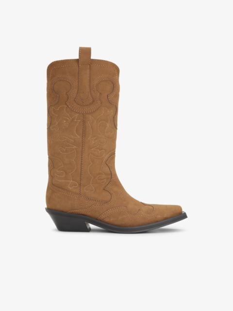 BROWN SUEDE MID SHAFT EMBROIDERED WESTERN BOOTS