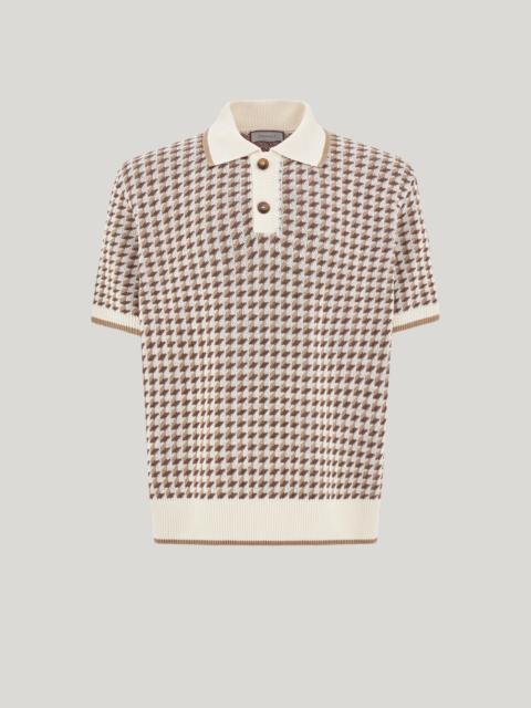 BEIGE SHORT-SLEEVED LINEN AND SILK JACQUARD POLO SHIRT WITH HOUNDSTOOTH PATTERN