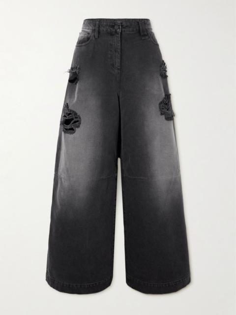 Crystal-embellished distressed wide-leg jeans Black