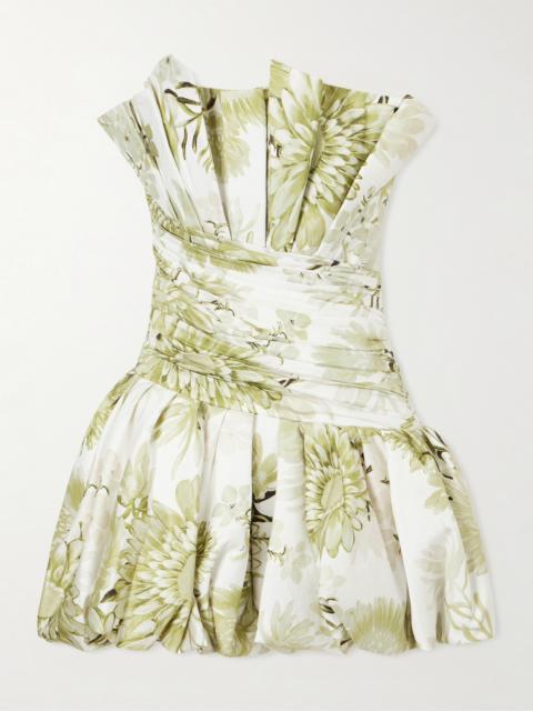 Strapless Ruched Floral-print Cotton-poplin Mini Dress