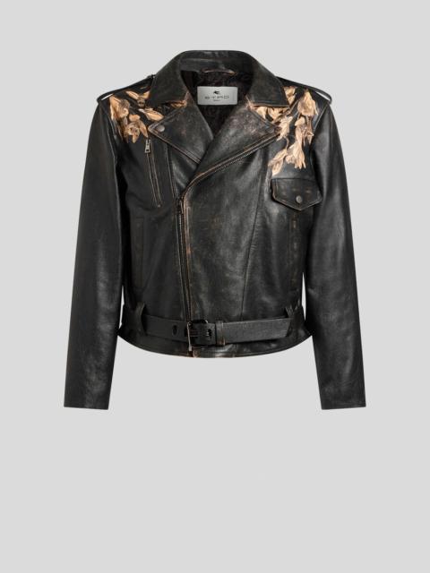 LEATHER BIKER JACKET WITH PLACED LEOPARD PRINT