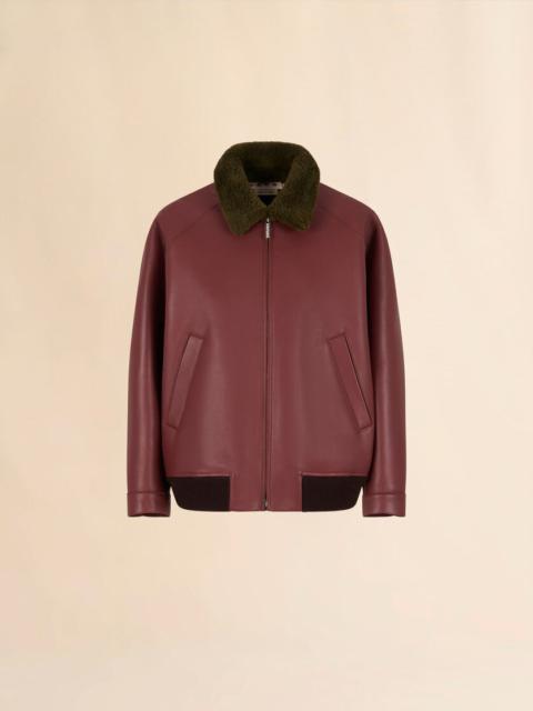 BURGUNDY LEATHER JACKET WITH SHEARLING COLLAR