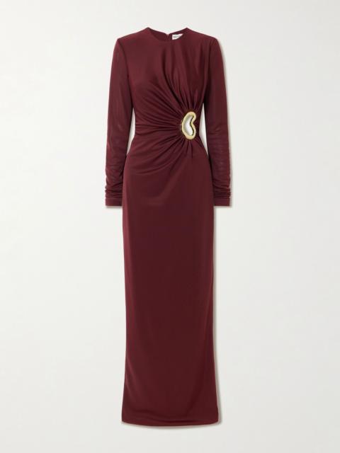 Mischa embellished gathered stretch-jersey gown Burgundy