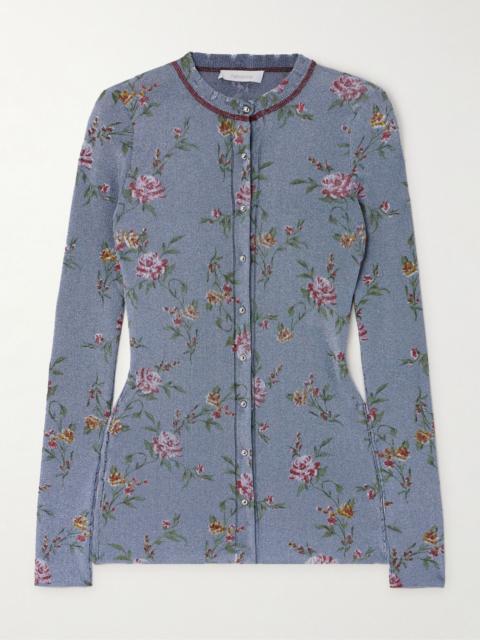 Metallic floral-print knitted cardigan Blue