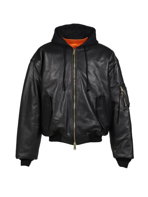 LEATHER BOMBER WITH ATTACHED HOOD / BLK