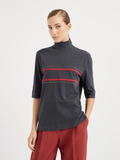 Cotton jersey turtleneck t-shirt with shiny stripes