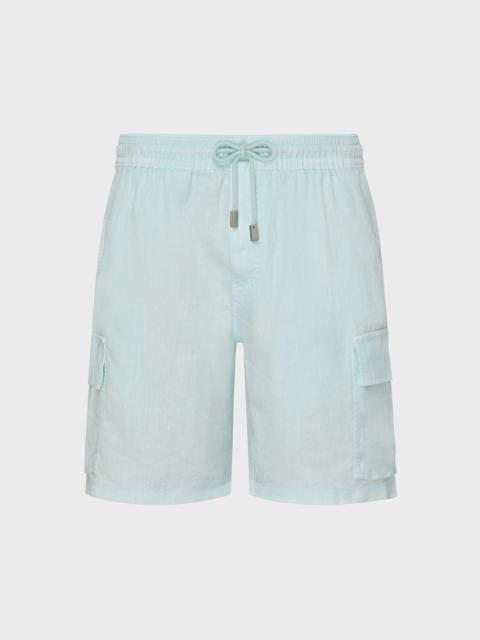 Men Linen Bermuda Shorts Cargo Pockets Natural Dye