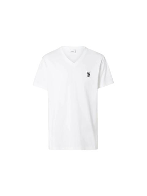 Burberry Monogram Motif Embroidered V Neck Tee White