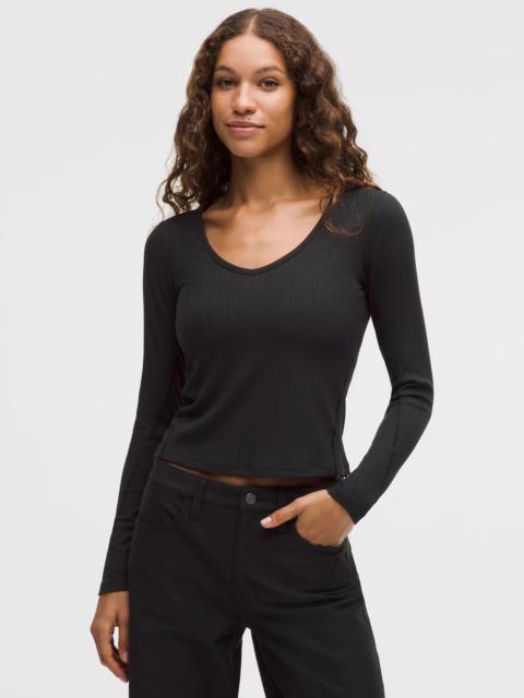 Hold Tight Micro-Rib V-Neck Long-Sleeve Shirt