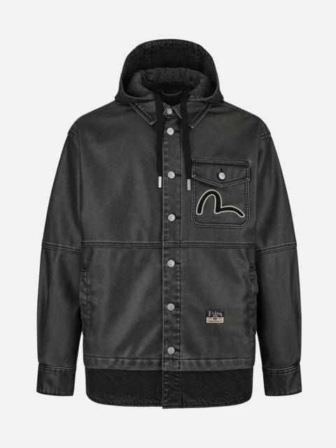 Seagull Print and Embossed Logo Regular Fit Vegan Leather Jacket