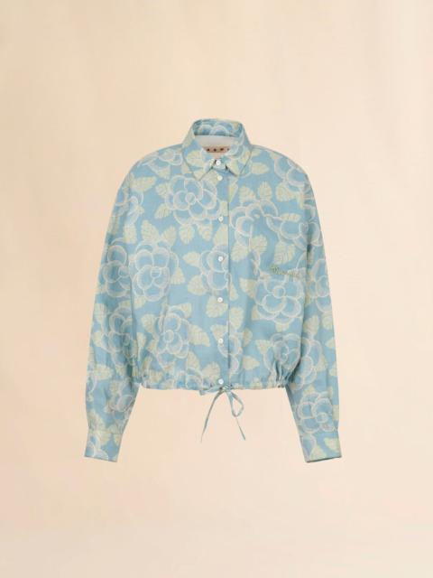 BLUE RAMIE DRAWSTRING SHIRT WITH BANJO PRINT