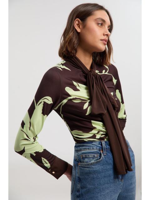 Floral Print Crepe Tie Neck Long Sleeve Top
