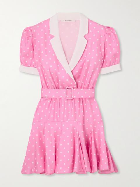 Belted Wrap-effect Pleated Polka-dot Silk-twill Mini Dress