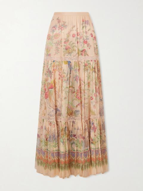 Tiered Pleated Lace-trimmed Printed Silk Maxi Skirt