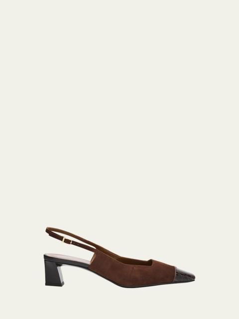 Mixed Leather Cap-Toe Slingback Pumps