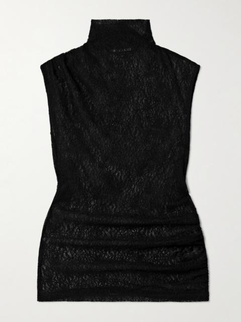 Mylie Ruched Stretch-lace Turtleneck Top