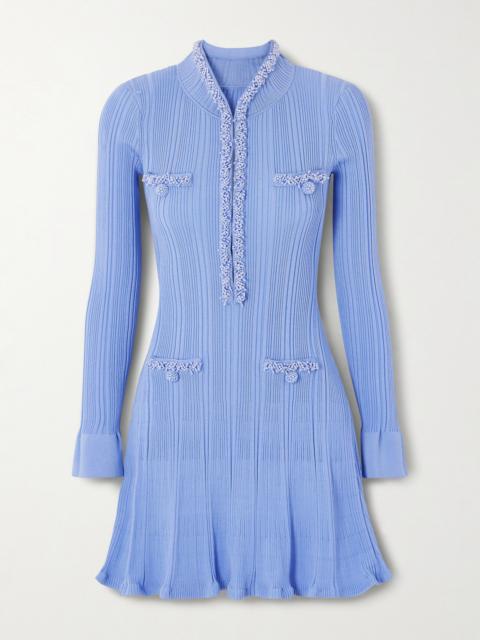 Faux Pearl-embellished Ribbed-knit Mini Dress