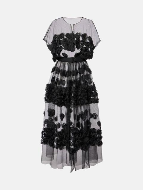 Floral-appliqué tulle midi dress