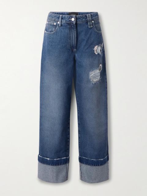 Embellished Distressed Wide-leg Jeans