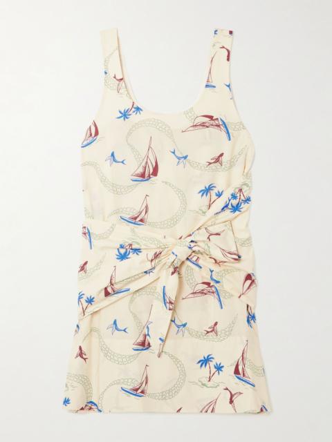 Bow-detailed printed cotton mini dress Cream