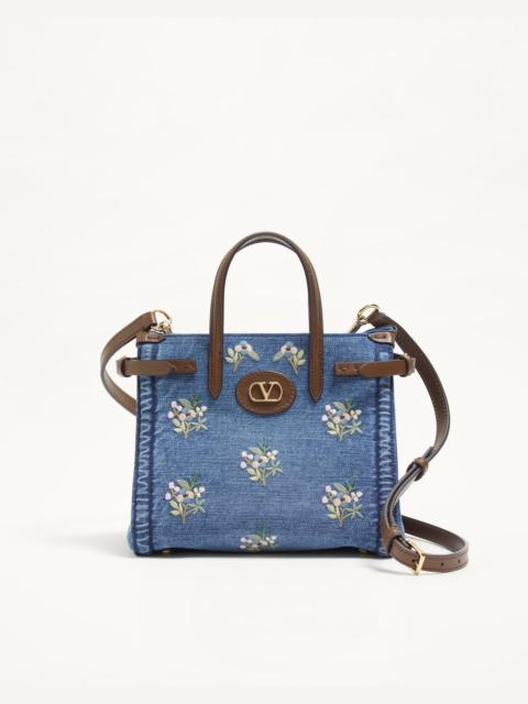 VALENTINO GARAVANI ANTIBES SMALL EMBROIDERED SHOPPING BAG IN DENIM