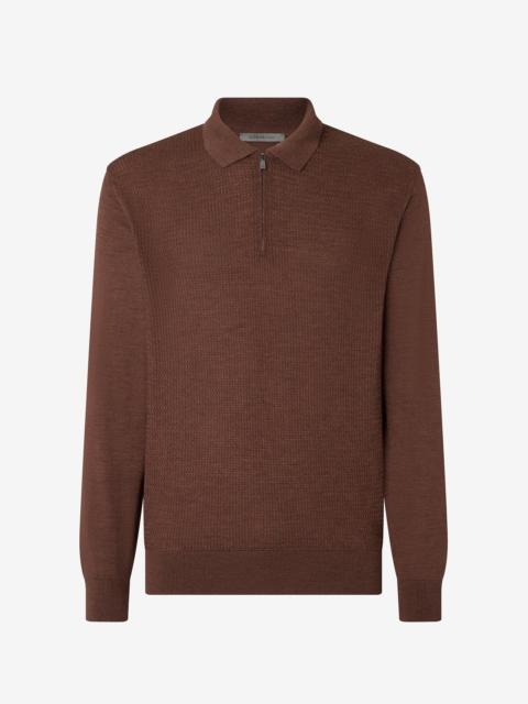 Tobacco brown zip-up extra fine wool polo shirt