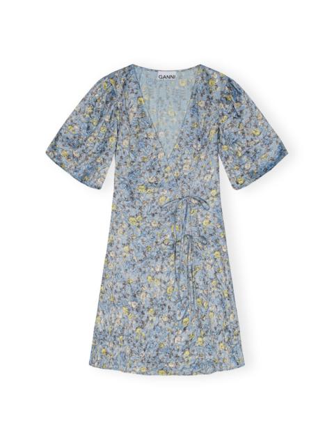 GANNI BLUE FLORAL PRINTED CRINKLED SATIN MINI WRAP DRESS - F9465 |  REVERSIBLE