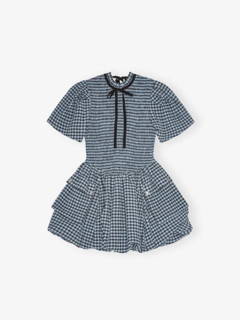 BLUE SEERSUCKER CHECK MINI SMOCK DRESS