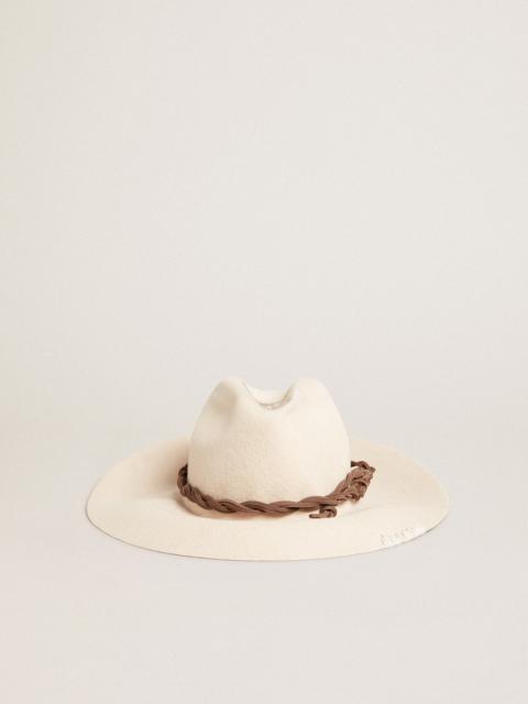 Parchment-colored fedora hat with leather band