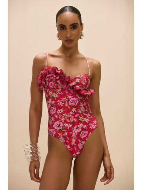 PEONY PRINT LYCRA RUFFLE BODYSUIT
