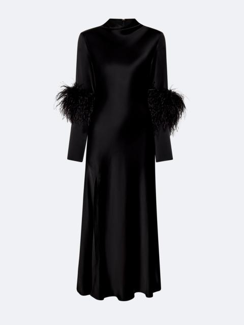 Satin Draped Neck Bias Dress With Feathers