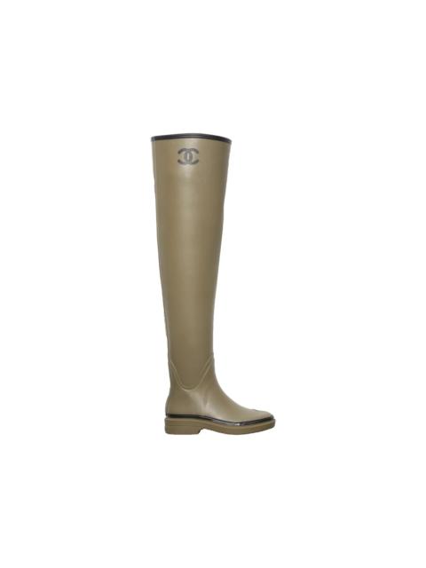 Chanel Thigh High Rubber Rain Boots Dark Beige