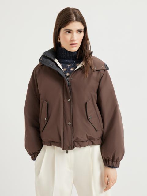 Techno cotton water-resistant taffeta cropped down jacket with detachable hood and shiny zipper pull