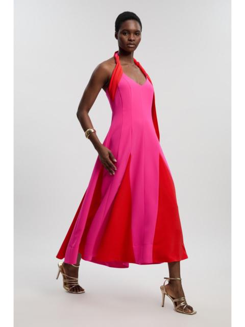 Petite Soft Tailored Colour Block Detail Halter Neck Maxi Dress
